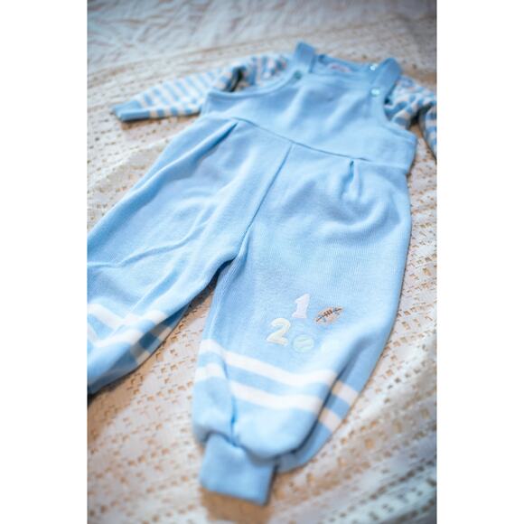 Vintage 90s Baby Boy Overalls, Light Blue Knit Football Baseball, Toddler 24 Mo - Picture 6 of 15